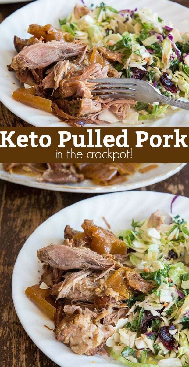 This Keto Pulled Pork recipe has an amazing apple flavour and is super easy to make in the crockpot! #crockpot #keto #lowcarb #pork #pulledpork #recipes #recipe