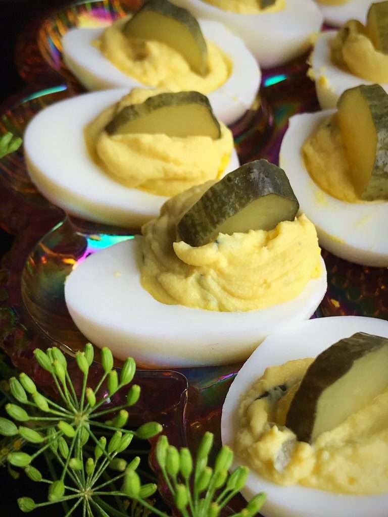 Close up of the dill pickle deviled eggs
