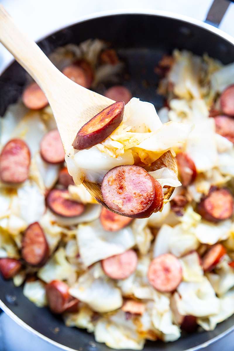 This is how your fried cabbage and kielbasa will look when finished. See how crispy that sausage is?