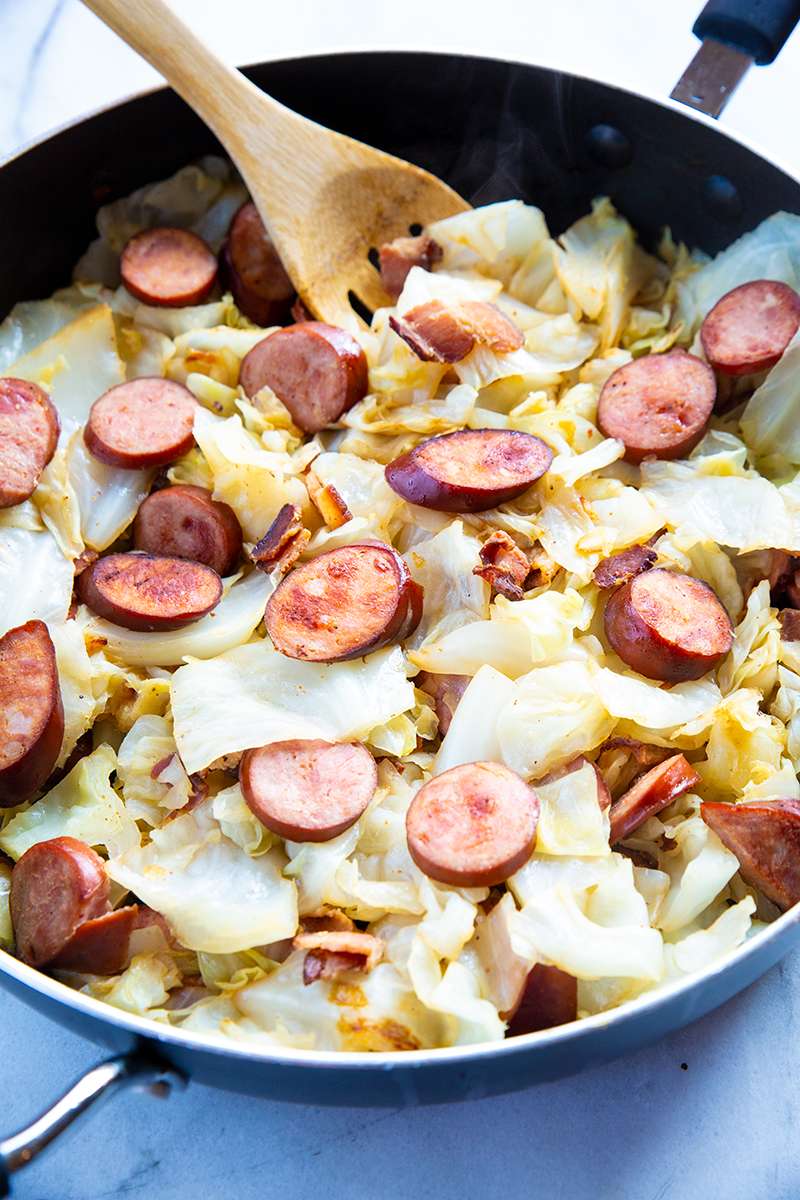 Fried Cabbage in a Skillet with Kielbasa