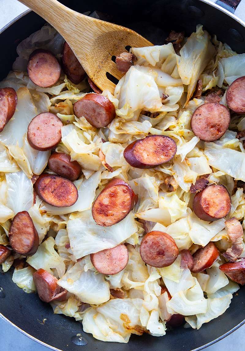 Closed up of the fried cabbage to show you how it should look, lightly browned with the sausage.