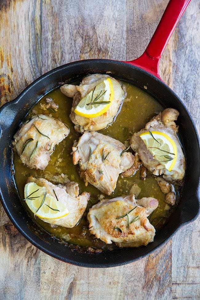 Close up of the lemon rosemary oven baked chicken thighs