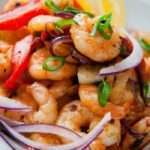 Close up of the finished Garlic Shrimp Stir Fry with Peppers and Onions