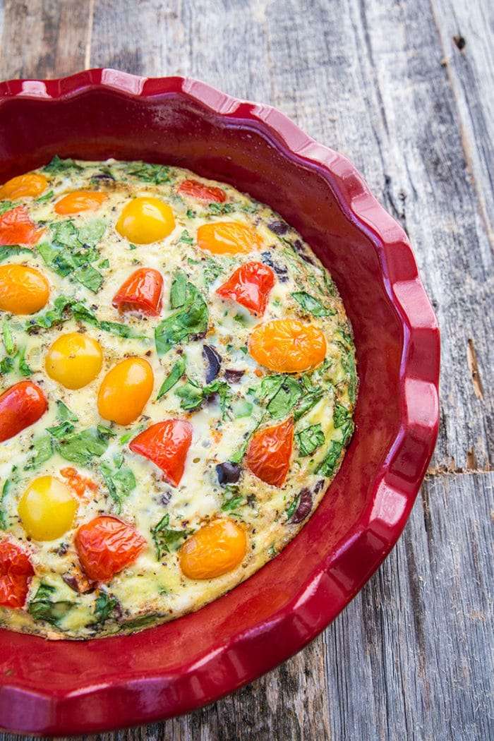 Mediterranean Vegetable Frittata finished in a pie pan.