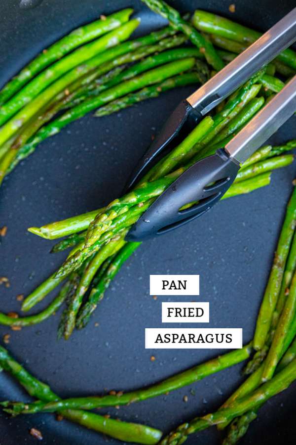 How to Pan Fry Asparagus so that it's tender-crisp, flavourful and fast! It's a great healthy side dish and low carb as well. #keto #lowcarb #vegetable #vegetarian #vegan #healthy #recipe #asparagus #greens #garlic #panfried #food